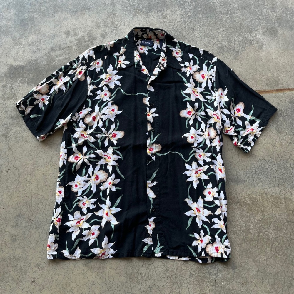 Puritan Mens Hawaiian Shirt Large Black White Orchid Floral Rayon Short Sleeve